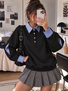 INAWLY Women's Casual Patchwork 2 In 1 Shirt Collar Contrast Color Sweatshirt, Loose Fit Casual Daily Crop Top, Autumn/Winter - Navy Blue - View 3