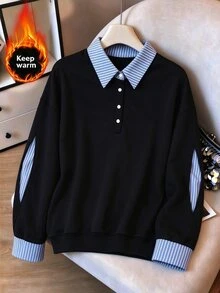 INAWLY Women's Casual Patchwork 2 In 1 Shirt Collar Contrast Color Sweatshirt, Loose Fit Casual Daily Crop Top, Autumn/Winter - Navy Blue - View 6