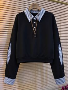 INAWLY Women's Casual Patchwork 2 In 1 Shirt Collar Contrast Color Sweatshirt, Loose Fit Casual Daily Crop Top, Autumn/Winter - Navy Blue - View 4