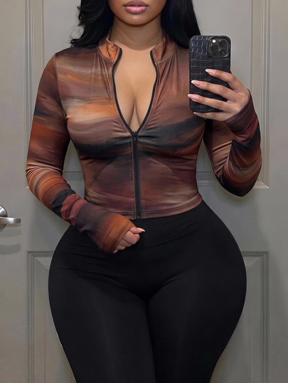 Slaydiva Front Zipper Fitted Long Sleeve T-Shirt Suitable For Parties, Vacations, Holiday Celebrations, Daily Commuting And Outings; Brown Tie-Dye Pattern