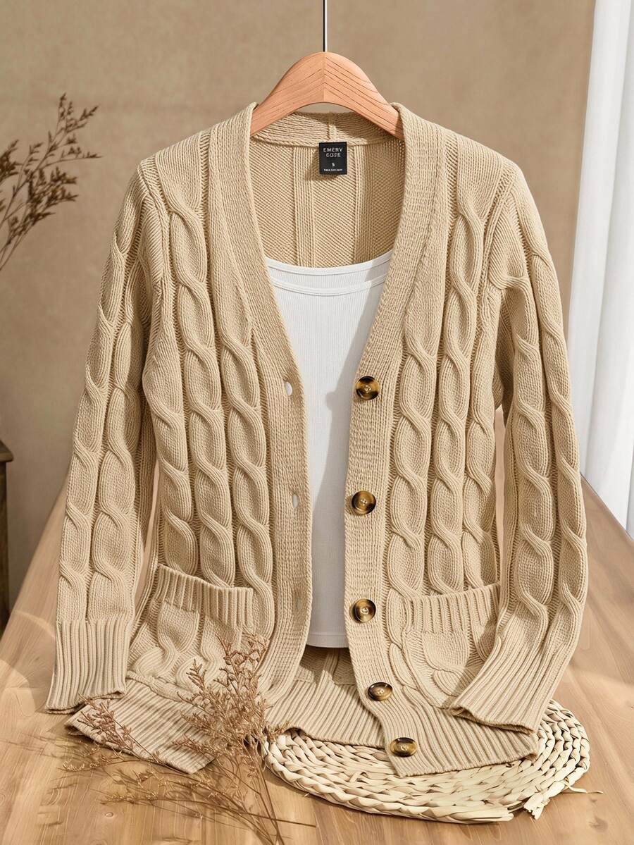 Rusticease Cable Knit Dual Pocket Button Front Cardigan,Long Sleeve Tops Office Brunch Everyday Apricot Fall Casual French - Apricot - View 1