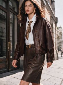 Anewsta Autumn/Winter New Minimalist Premium PU Loose Hem Cinched Waist Fashion Versatile Jacket - Coffee Brown - View 2