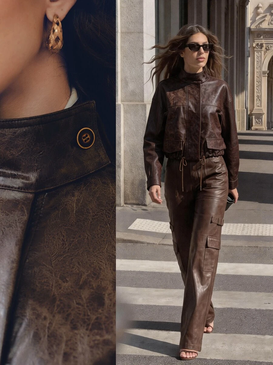 Anewsta Autumn/Winter New Minimalist Premium PU Loose Hem Cinched Waist Fashion Versatile Jacket - Coffee Brown - View 1