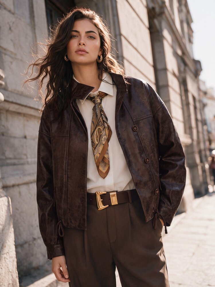 Anewsta Autumn/Winter New Minimalist Premium PU Loose Hem Cinched Waist Fashion Versatile Jacket - Coffee Brown - View 6