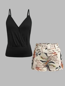 Breezaya Women Summer Solid Color Halter Vest And Tropical Plant Print Shorts Casual Two Pieces Set - Black - View 4
