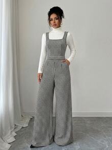 Selianne 女款秋冬黑白千鳥格無袖方領高腰蝴蝶結露背鏤空休閒連身褲，優雅知性職場穿搭，高氣場正式會議與場合造型，返校季教師節秋季新品必備時尚單品，小眾設計百搭連身褲 - 黑與白 - 查看 4