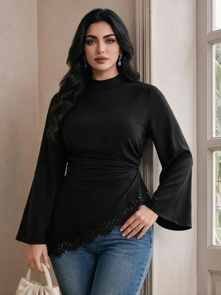 Modelyn Plus Size Solid Color Lace Patchwork Asymmetric Hem Shirt - Black - View 1