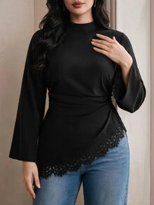 Modelyn Plus Size Solid Color Lace Patchwork Asymmetric Hem Shirt - Black - View 5