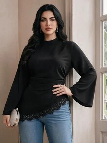 Modelyn Plus Size Solid Color Lace Patchwork Asymmetric Hem Shirt - Black - View 6