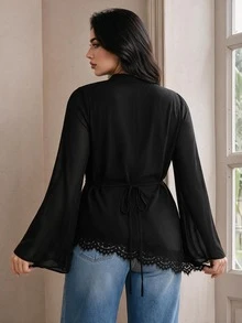 Modelyn Plus Size Solid Color Lace Patchwork Asymmetric Hem Shirt - Black - View 2
