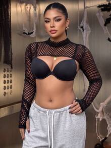 Muchica Plus Size Women's Fashion Sexy Hollow Fishnet Ultra Short Top - Black - View 2