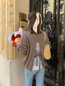 Serisse Women's Contrast Color Lace Long Sleeve Sweater - Camel - View 8