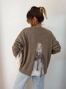 Serisse Women's Contrast Color Lace Long Sleeve Sweater - Camel - View 7