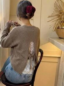 Serisse Women's Contrast Color Lace Long Sleeve Sweater - Camel - View 1