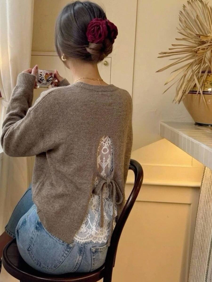 Serisse Women's Contrast Color Lace Long Sleeve Sweater - Camel - View 1
