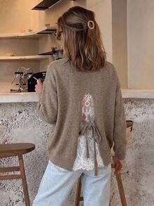 Serisse Women's Contrast Color Lace Long Sleeve Sweater - Camel - View 6