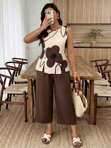 Weeklong Apricot Boho Print Sleeveless High Waist A-Line Pants Set Two Pieces Outfit, Boho Vacation Casual Plus Size Women Set Elegant - Multicolor - View 4