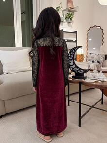 DAZY Tween Girl Velvet Lace Patchwork Long Dress Spring Design Contrast Color Dress - Burgundy - View 2