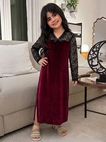 DAZY Tween Girl Velvet Lace Patchwork Long Dress Spring Design Contrast Color Dress - Burgundy - View 3