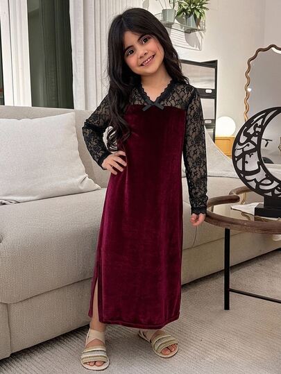DAZY Tween Girl Velvet Lace Patchwork Long Dress Spring Design Contrast Color Dress