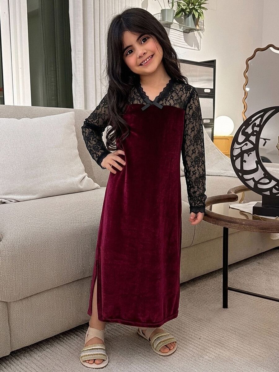 DAZY Tween Girl Velvet Lace Patchwork Long Dress Spring Design Contrast Color Dress - Burgundy - View 1