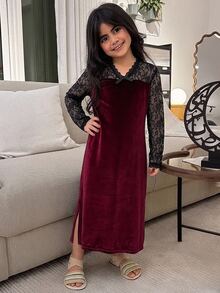 DAZY Tween Girl Velvet Lace Patchwork Long Dress Spring Design Contrast Color Dress - Burgundy - View 5