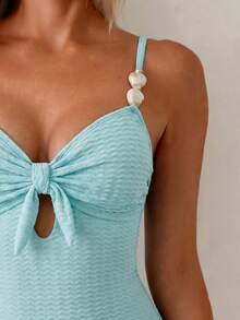SHEIN Swim Women's Solid Color Textured Fabric Beaded Decor Sexy One-Piece Swimsuit For Beach Vacation - Blue - View 6