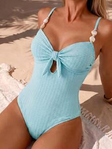 SHEIN Swim Women's Solid Color Textured Fabric Beaded Decor Sexy One-Piece Swimsuit For Beach Vacation - Blue - View 4