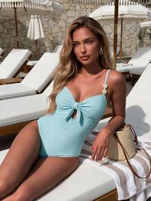 SHEIN Swim Women's Solid Color Textured Fabric Beaded Decor Sexy One-Piece Swimsuit For Beach Vacation - Blue - View 3