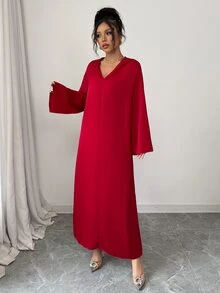 Yasmyna 女士宽松红色连帽长袖阿拉伯风格连衣裙、卡夫坦长袍和贾拉比亚长袍，端庄大方 - 紅色 - 查看 7