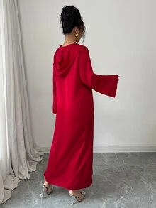 Yasmyna 女士宽松红色连帽长袖阿拉伯风格连衣裙、卡夫坦长袍和贾拉比亚长袍，端庄大方 - 紅色 - 查看 2