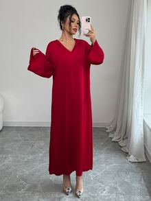 Yasmyna 女士宽松红色连帽长袖阿拉伯风格连衣裙、卡夫坦长袍和贾拉比亚长袍，端庄大方 - 紅色 - 查看 4