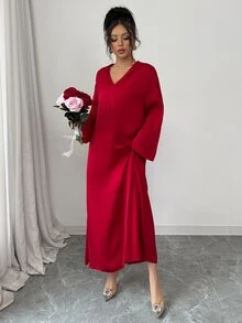Yasmyna 女士宽松红色连帽长袖阿拉伯风格连衣裙、卡夫坦长袍和贾拉比亚长袍，端庄大方 - 紅色 - 查看 5
