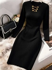 Velvienne Plus Size Simple Elegant Casual Versatile Button Decor Women's Dress Fall Office Party Black - Black - View 1