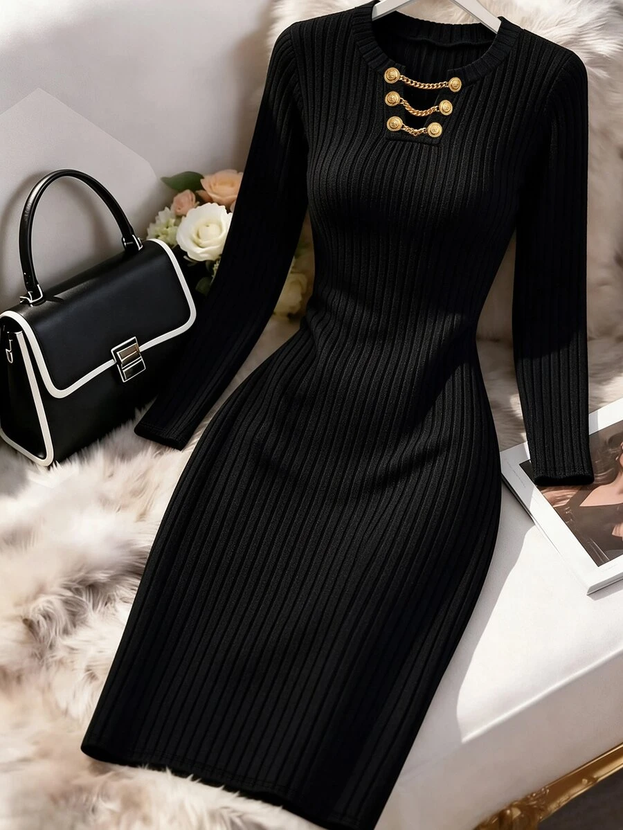 Velvienne Plus Size Simple Elegant Casual Versatile Button Decor Women's Dress Fall Office Party Black - Black - View 1