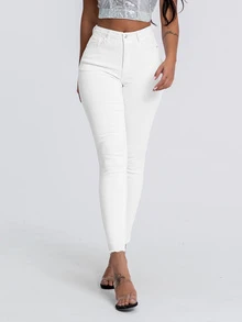 Flexra Solid Color Pocket Casual Plain Versatile Skinny Fashion Jeans Daytime Holiday White Summer - White - View 4