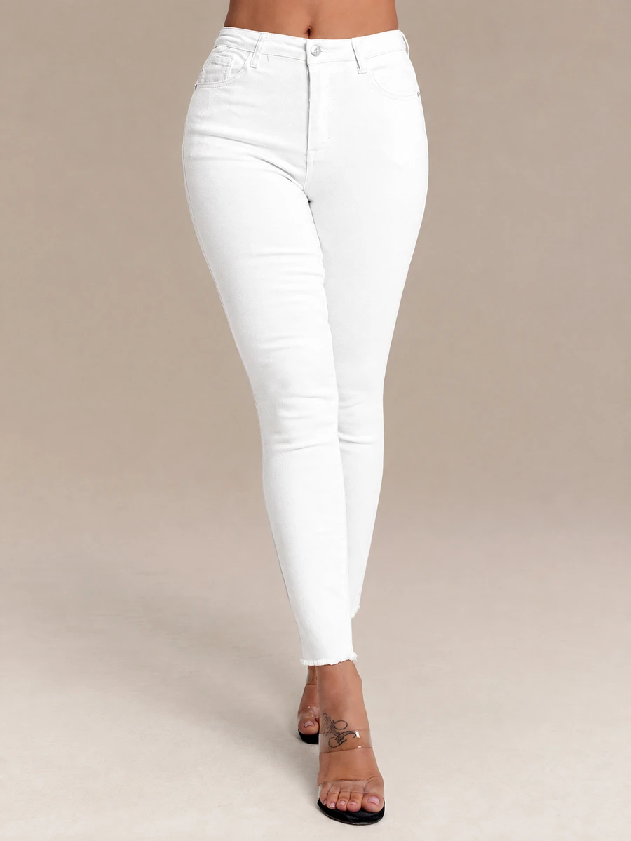 Flexra Solid Color Pocket Casual Plain Versatile Skinny Fashion Jeans Daytime Holiday White Summer - White - View 1