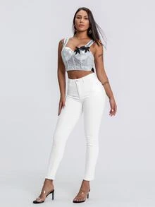 Flexra Solid Color Pocket Casual Plain Versatile Skinny Fashion Jeans Daytime Holiday White Summer - White - View 5
