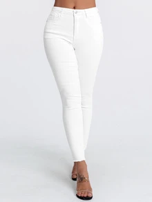 Flexra Solid Color Pocket Casual Plain Versatile Skinny Fashion Jeans Daytime Holiday White Summer - White - View 3