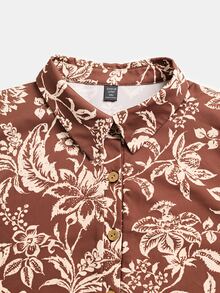 Linhara CURVE Plus Size Plants Allover Print Lantern Sleeve Shirt - Brown - View 8
