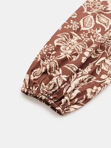 Linhara CURVE Plus Size Plants Allover Print Lantern Sleeve Shirt - Brown - View 7