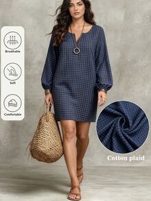Velvienne Women's Cotton Plaid Casual 80s Daily Autumn Vacation Plus Size Dress - Navy Blue - View 1