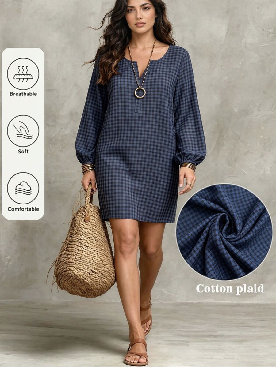 Velvienne Women's Cotton Plaid Casual 80s Daily Autumn Vacation Plus Size Dress - Navy Blue - View 1
