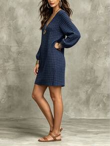 Velvienne Women's Cotton Plaid Casual 80s Daily Autumn Vacation Plus Size Dress - Navy Blue - View 7