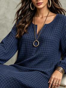 Velvienne Women's Cotton Plaid Casual 80s Daily Autumn Vacation Plus Size Dress - Navy Blue - View 8