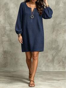Velvienne Women's Cotton Plaid Casual 80s Daily Autumn Vacation Plus Size Dress - Navy Blue - View 6