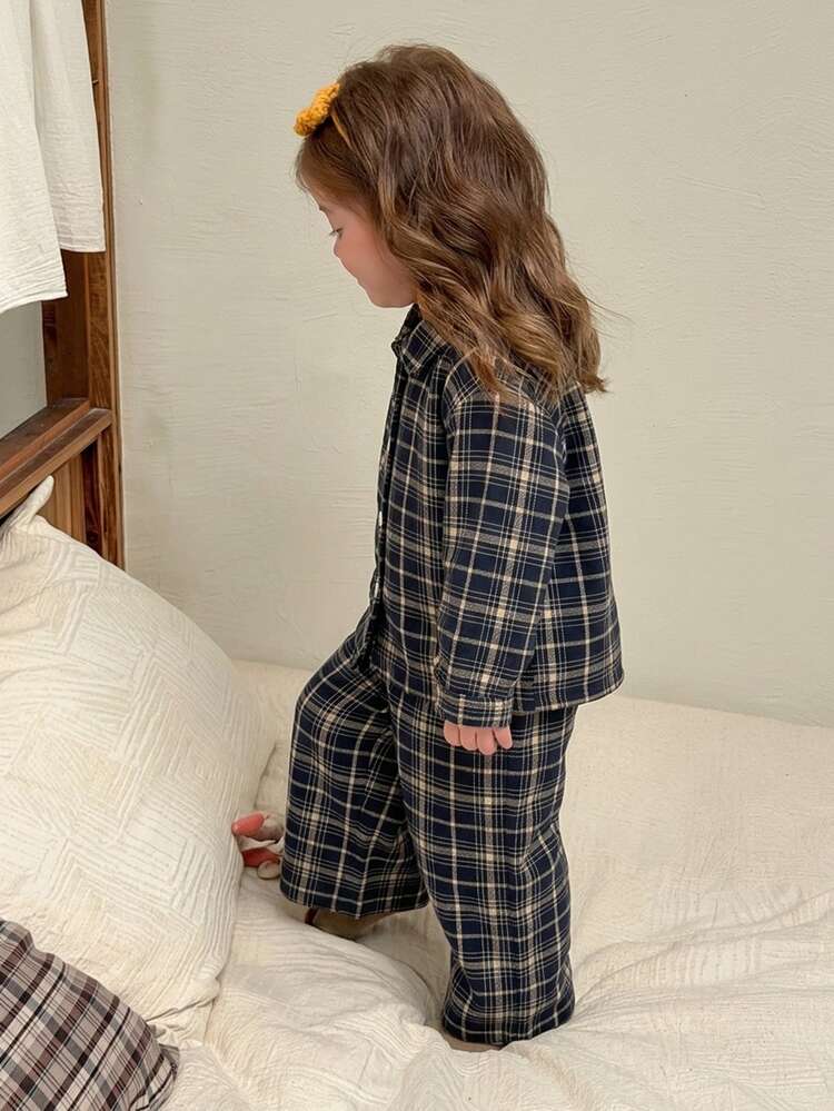 Dazy Kids 嬰兒女童格紋領長袖上衣與長褲 2 件套家居服 秋季 - 藏蓝色 - 查看 6