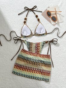 SHEIN Swim Women's Stone Accessory Backless Mesh Bikini Three Pieces Swimwear,Light Blue,Summer,Boho,Beach,Holiday,Holiday,Spring/Summer New Texture Fabric - Multicolor - View 2