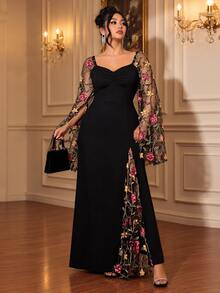 Roveilla Plus Size Elegant French Style Embroidered Mesh Bodycon Dress, Suitable For Party Wear, Spring/Autumn Fall - Black - View 8