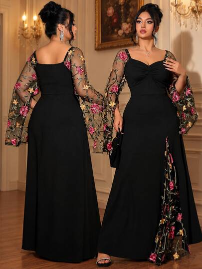 Roveilla Plus Size Elegant French Style Embroidered Mesh Bodycon Dress, Suitable For Party Wear, Spring/Autumn Fall